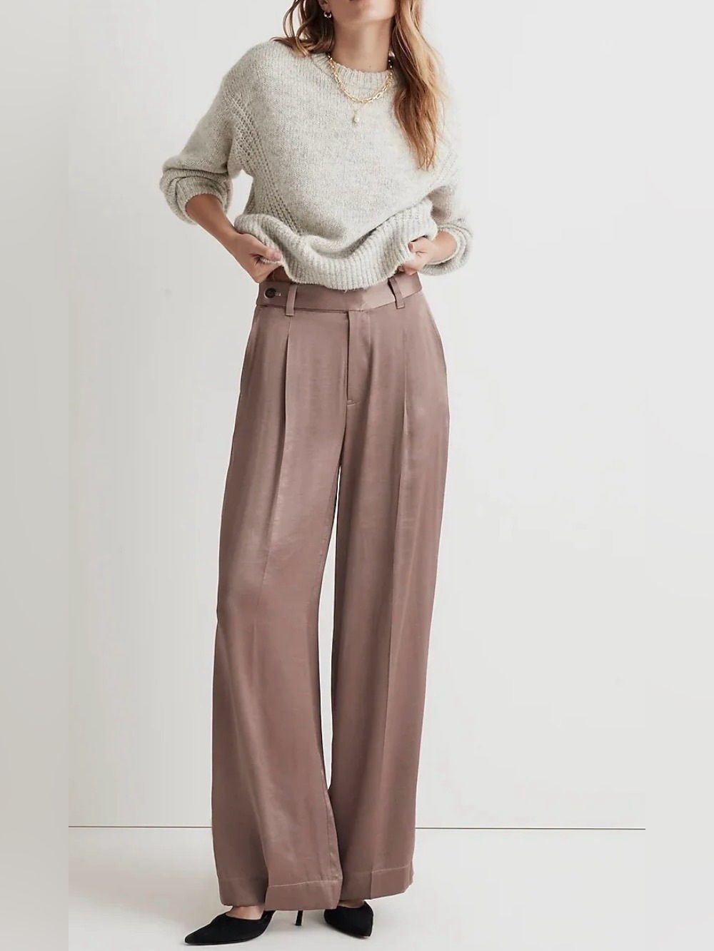 Madewell The Harlow Wide-Leg Pant Satin Bronze Mauve Pleated Trouser 2